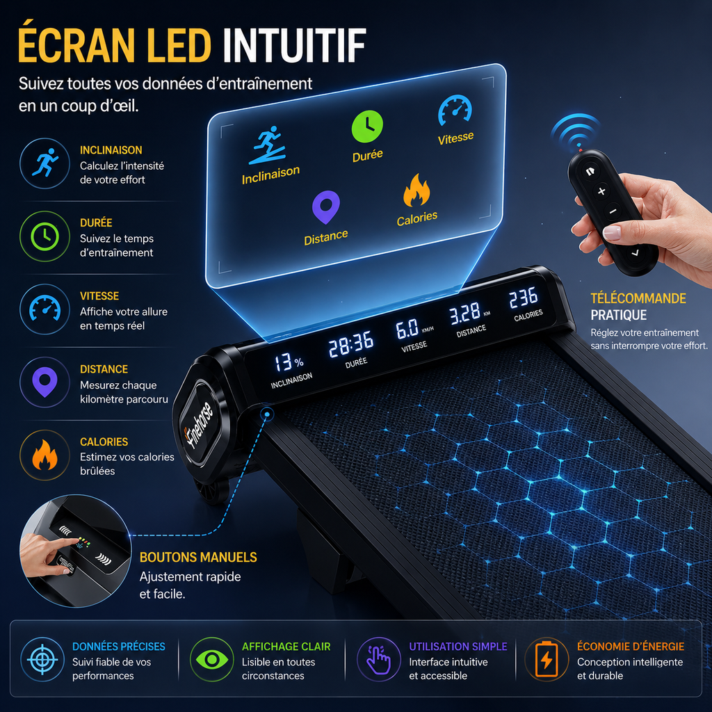 Tapis de course inclinable Firehorse with LED display showing speed, distance, and calories.