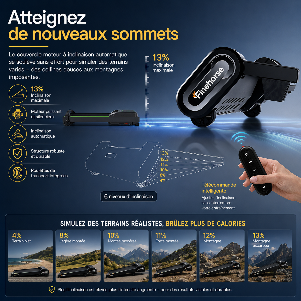 Tapis de course inclinable avec télécommande et simulation de pentes réalistes.