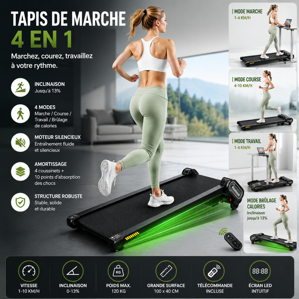 Woman running on a compact, foldable, incline treadmill with remote control and display.