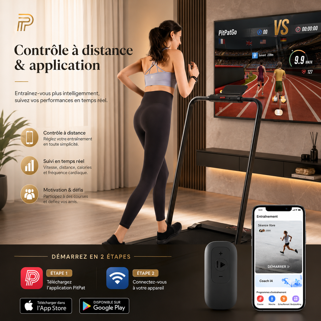 Woman running on a foldable walking treadmill connected to a smartphone app displaying workout data.