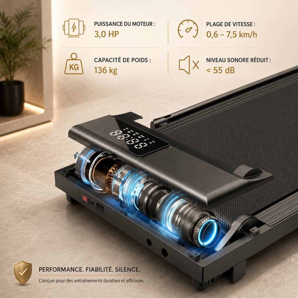Tapis de marche pliable showing its internal motor and specifications: 3.0 HP, 136 kg capacity, 0.6-7.5 km/h speed.