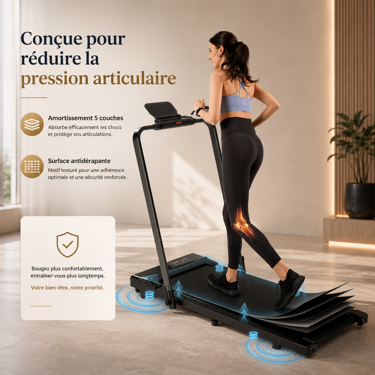 Woman running on a foldable walking treadmill designed for joint pressure reduction.