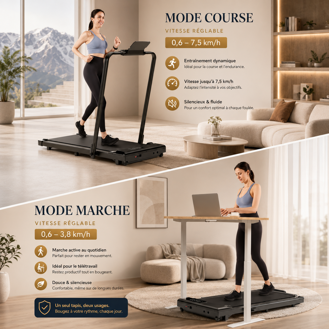 Women using a foldable walking treadmill in running mode and a standing desk treadmill in walking mode.