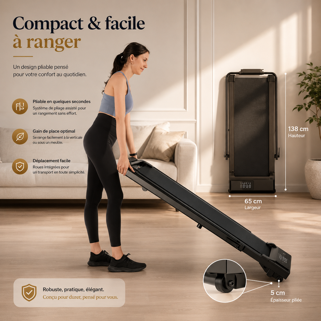 Woman demonstrating compact foldable walking treadmill, showing its slim profile and easy storage.