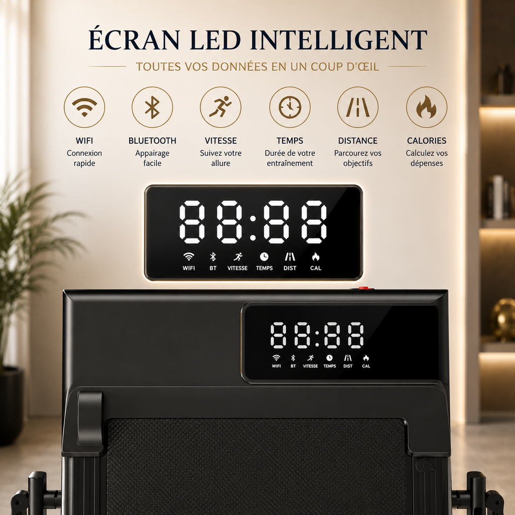 Tapis de marche pliable with LED display showing time, speed, distance, and calories.