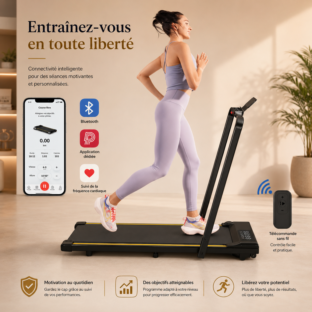 Woman running on a black and yellow foldable walking treadmill with a connected app and remote.