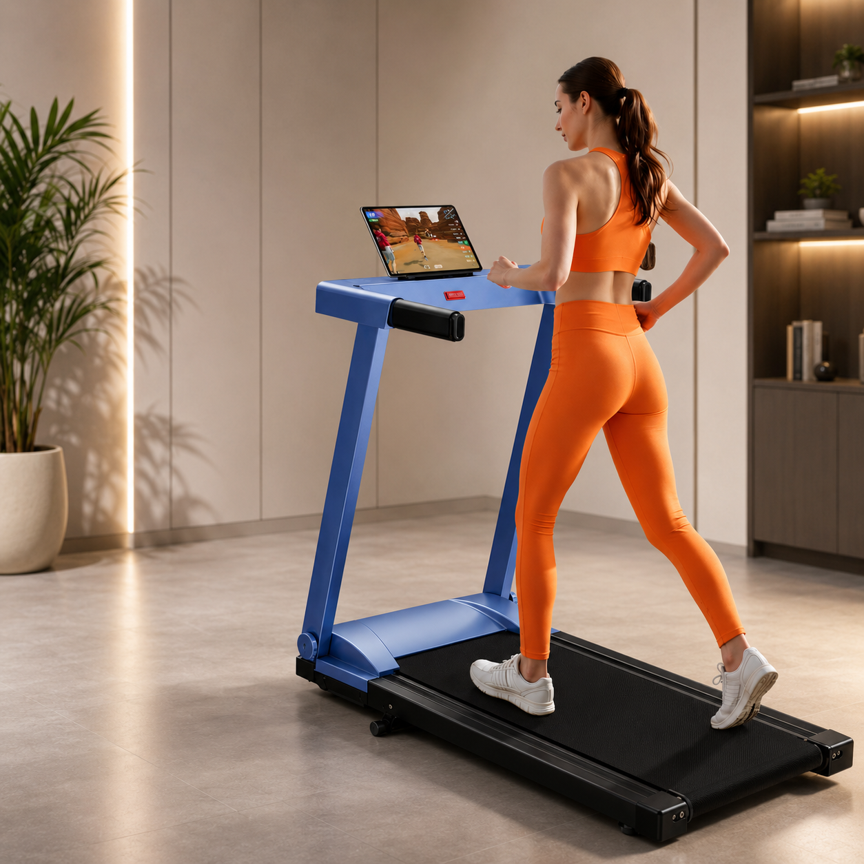 Woman running on a blue foldable treadmill while watching a video on a laptop.