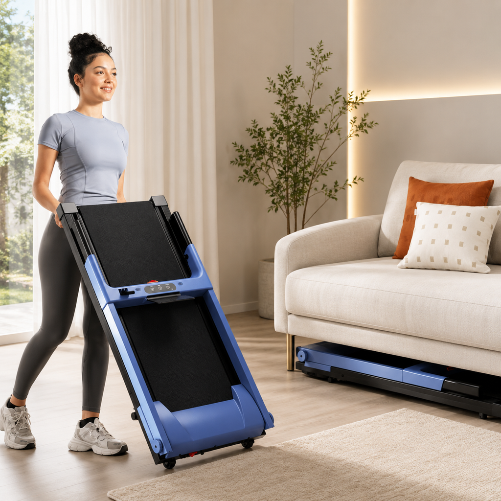 Woman folding a blue foldable treadmill in a modern living room.