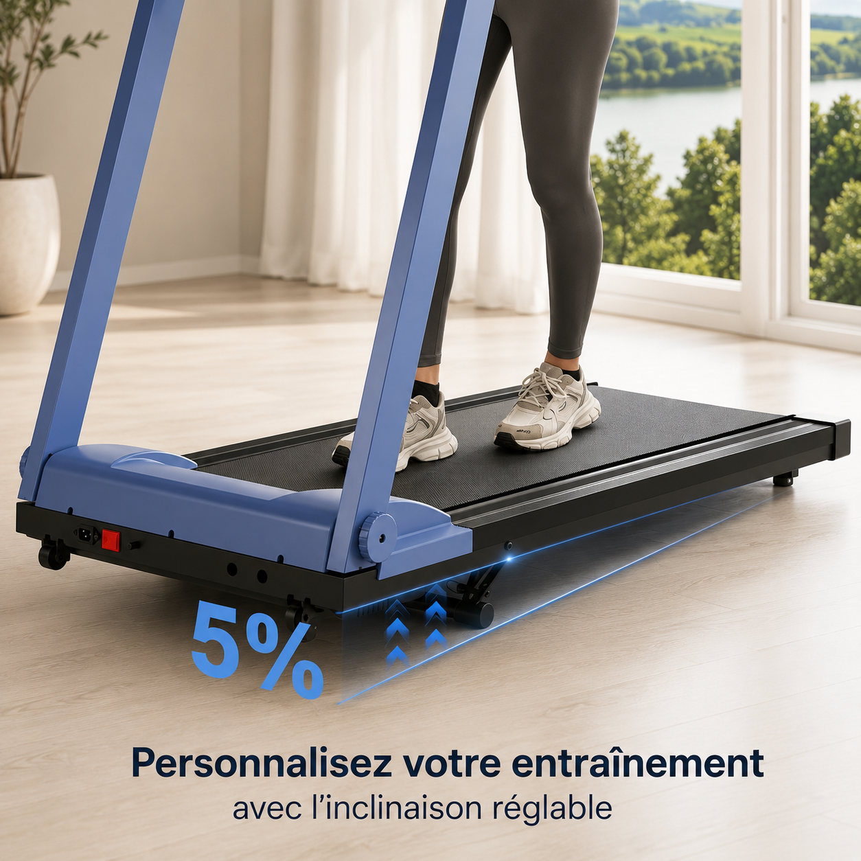 Blue foldable treadmill with adjustable incline, showing a person running indoors.