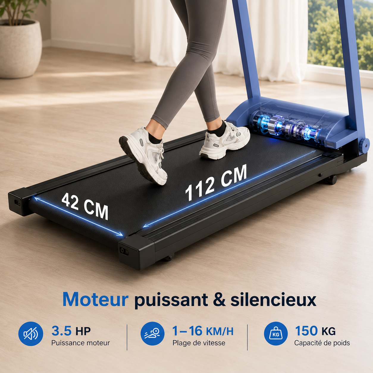 A person walking on a blue foldable treadmill with dimensions 42cm x 112cm.