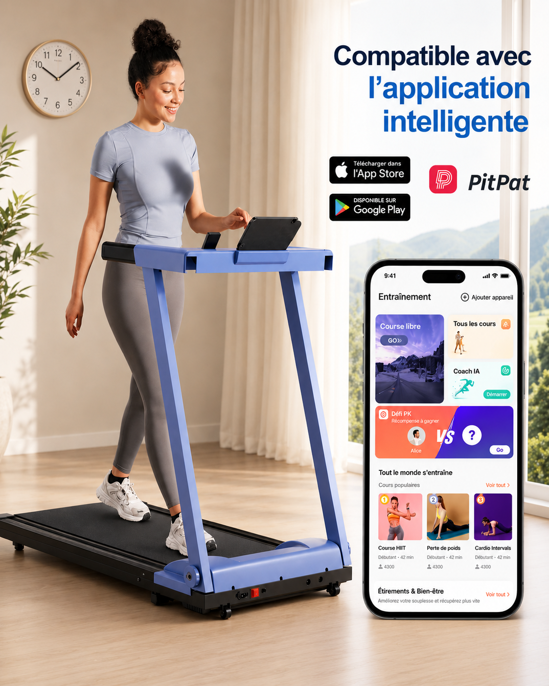 Blue foldable treadmill with a woman walking on it, next to a smartphone app interface.