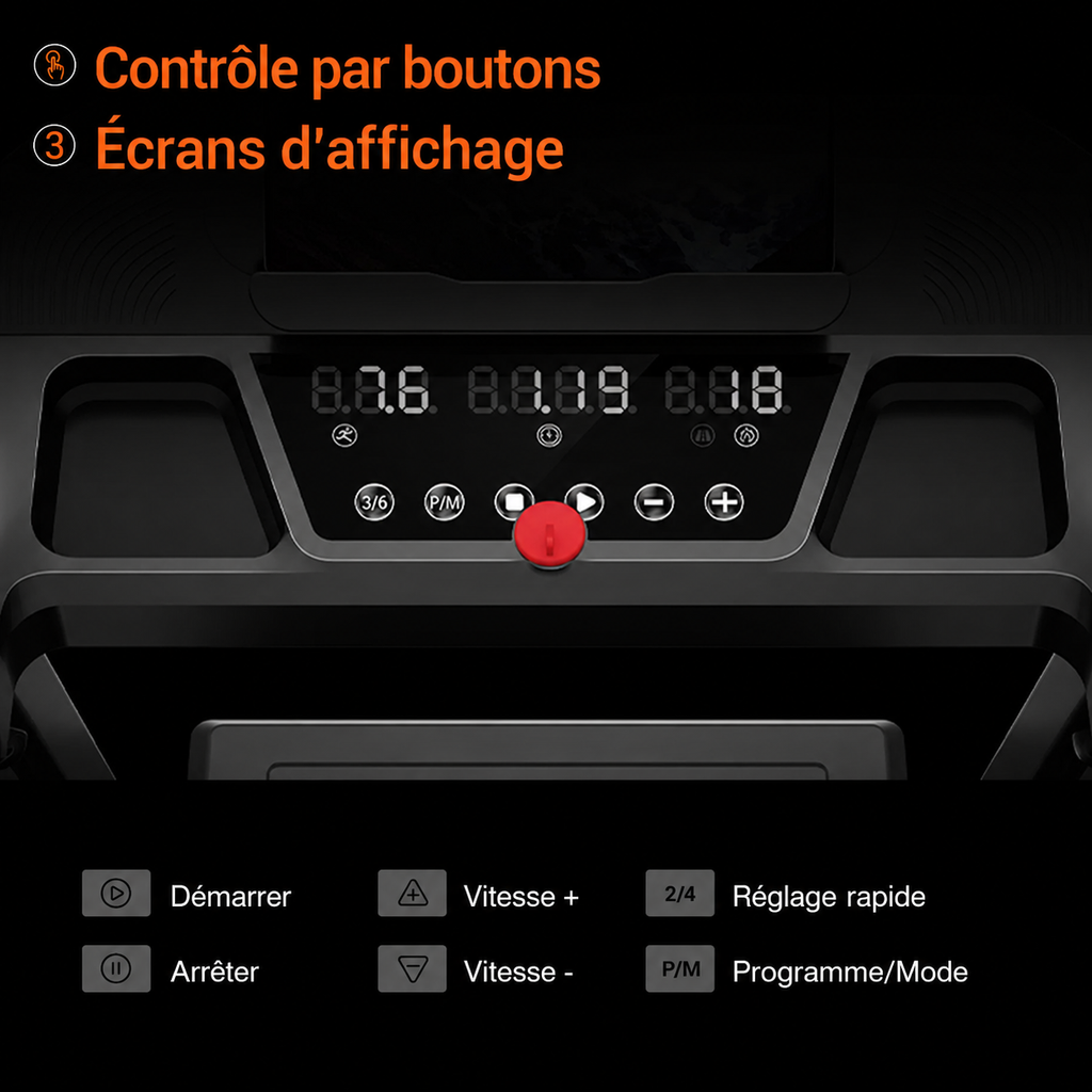Tapis de marche control panel with digital display and buttons.
