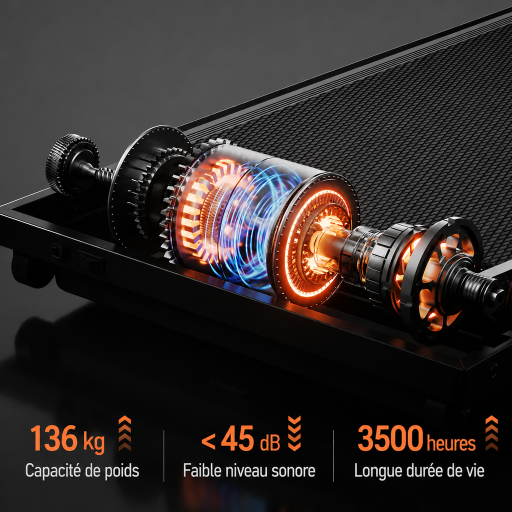 Tapis de marche internal components: motor, gears, and belt system, showing capacity and noise level.