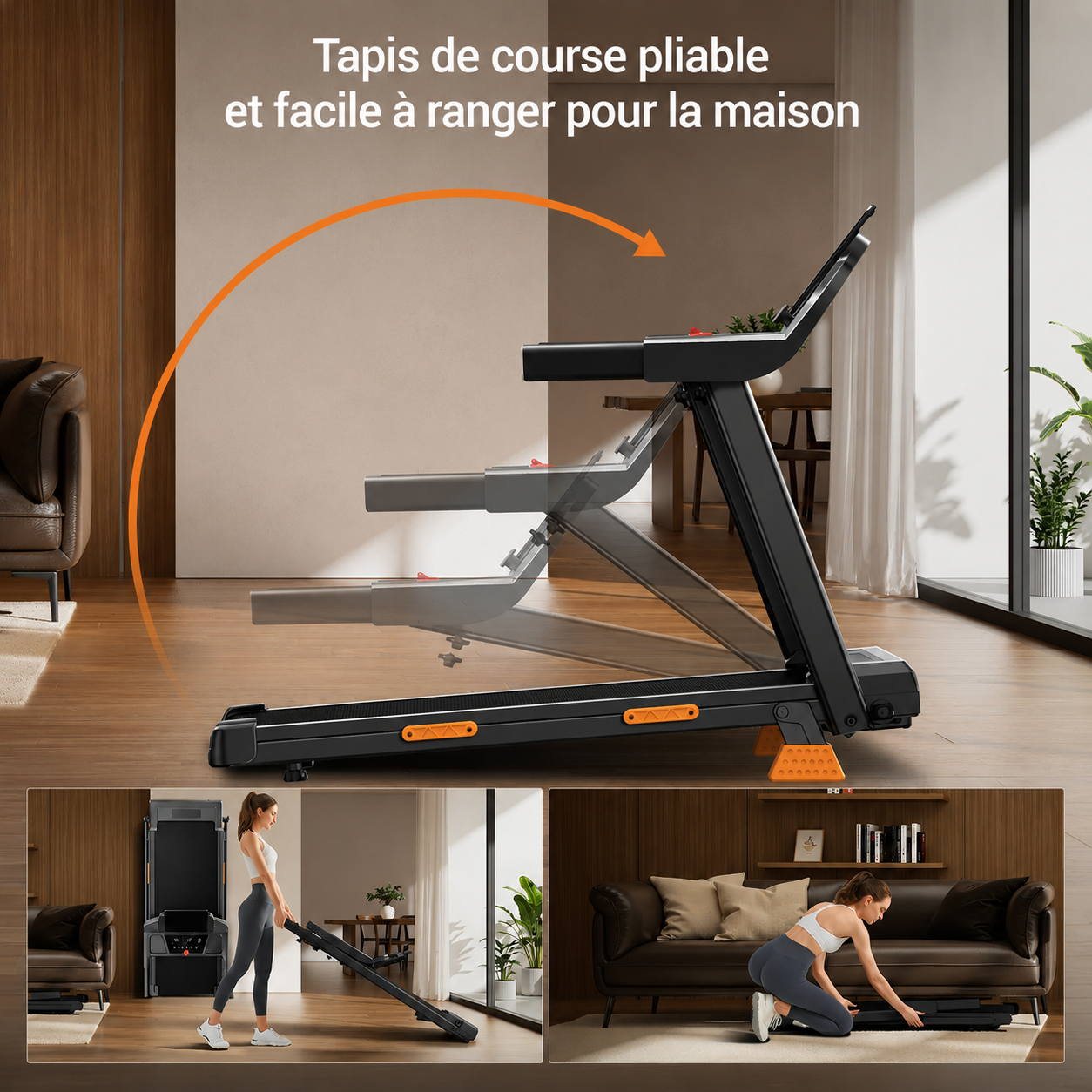Black foldable walking treadmill shown in upright and folded positions.