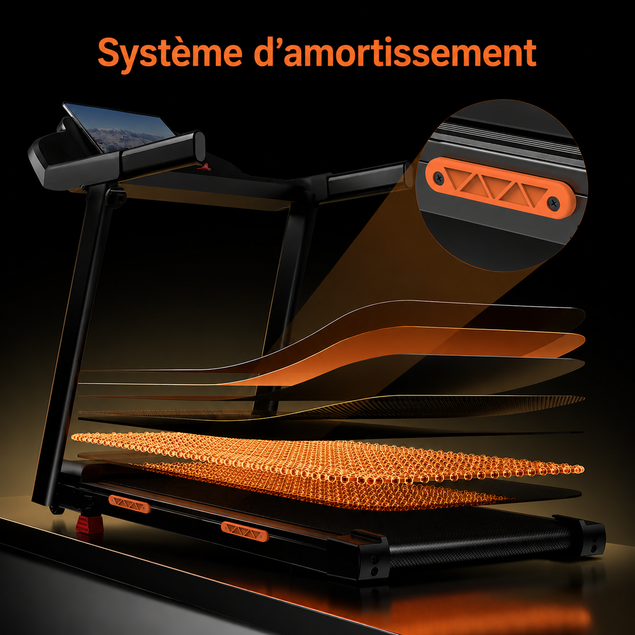 Tapis de marche with layered shock absorption system and cushioning detail.
