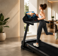 Woman running on a black treadmill with a touchscreen display in a modern room.