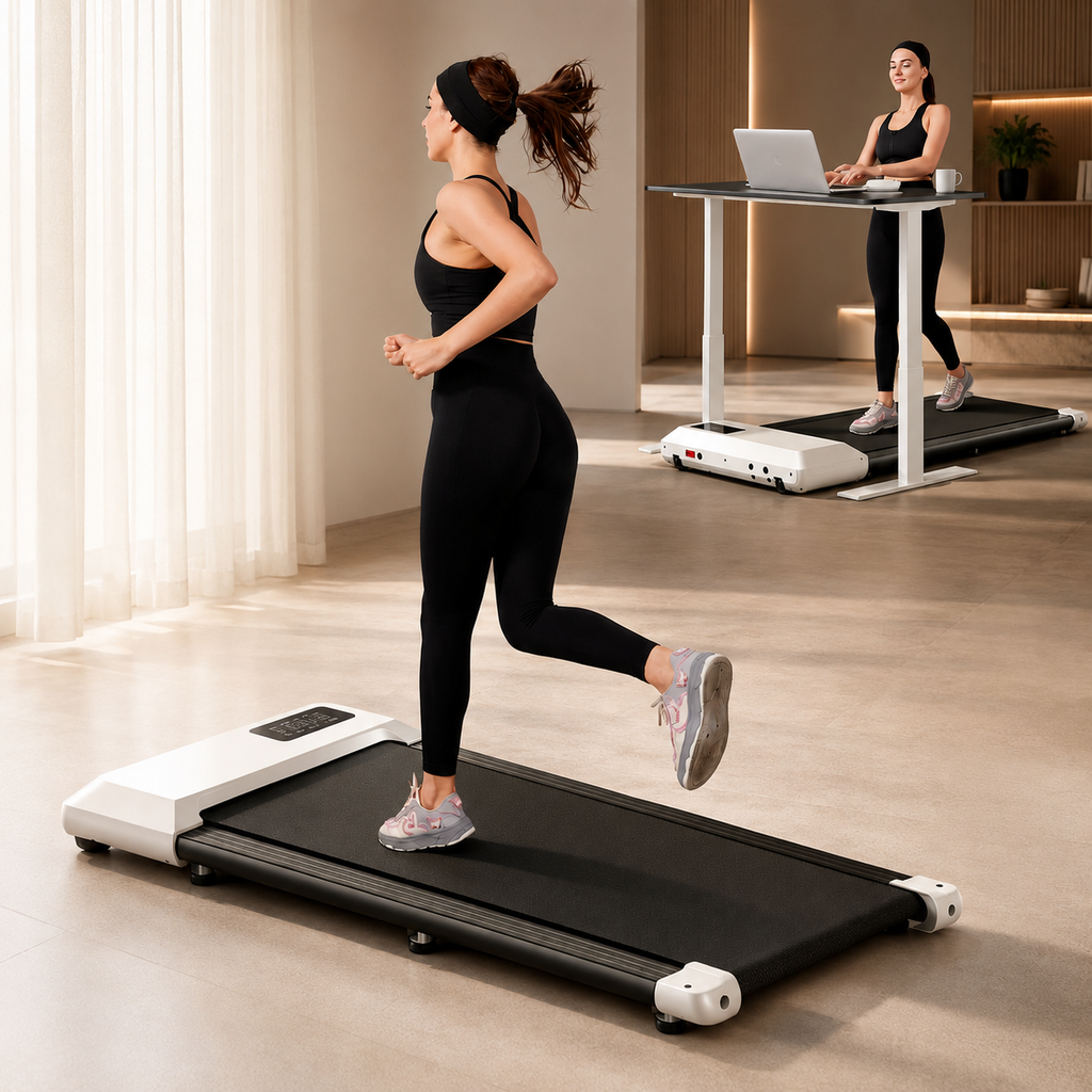 Woman running on a white and black under desk treadmill with a digital display.