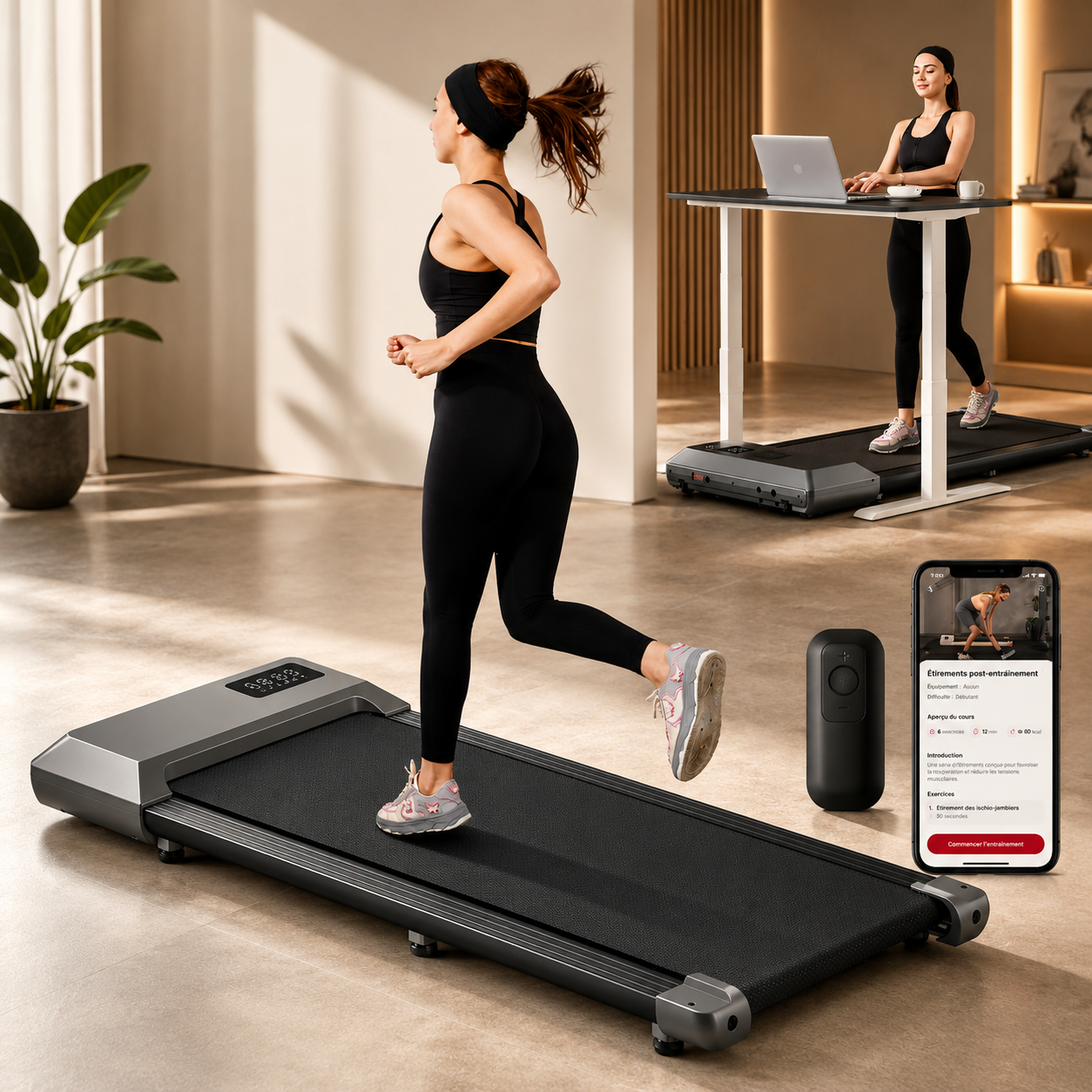 Black treadmill with gray accents, featuring a digital display and control panel, shown in a modern home office setting with.