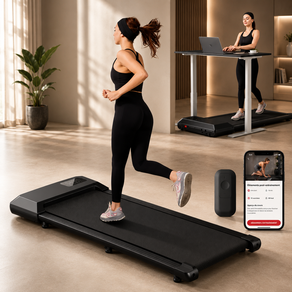 Black treadmill with control panel and remote, shown with a woman running on it.