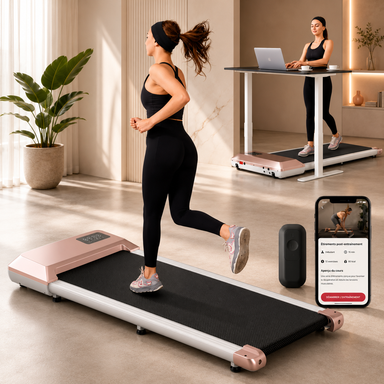 Woman runs on a compact, rose gold and white folding treadmill with black belt and digital display in a modern room.