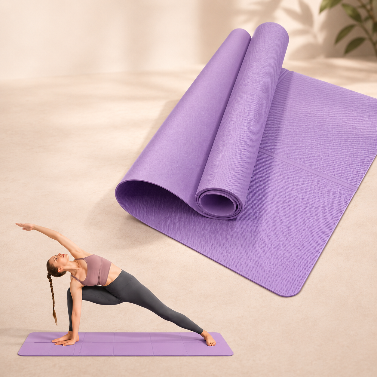 Purple yoga mat with textured surface, shown with a woman performing a side angle pose.