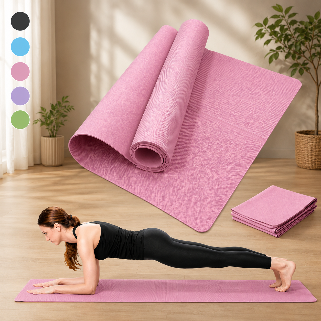 Pink yoga mat with a woman performing a plank exercise, showcasing its grip and thickness.