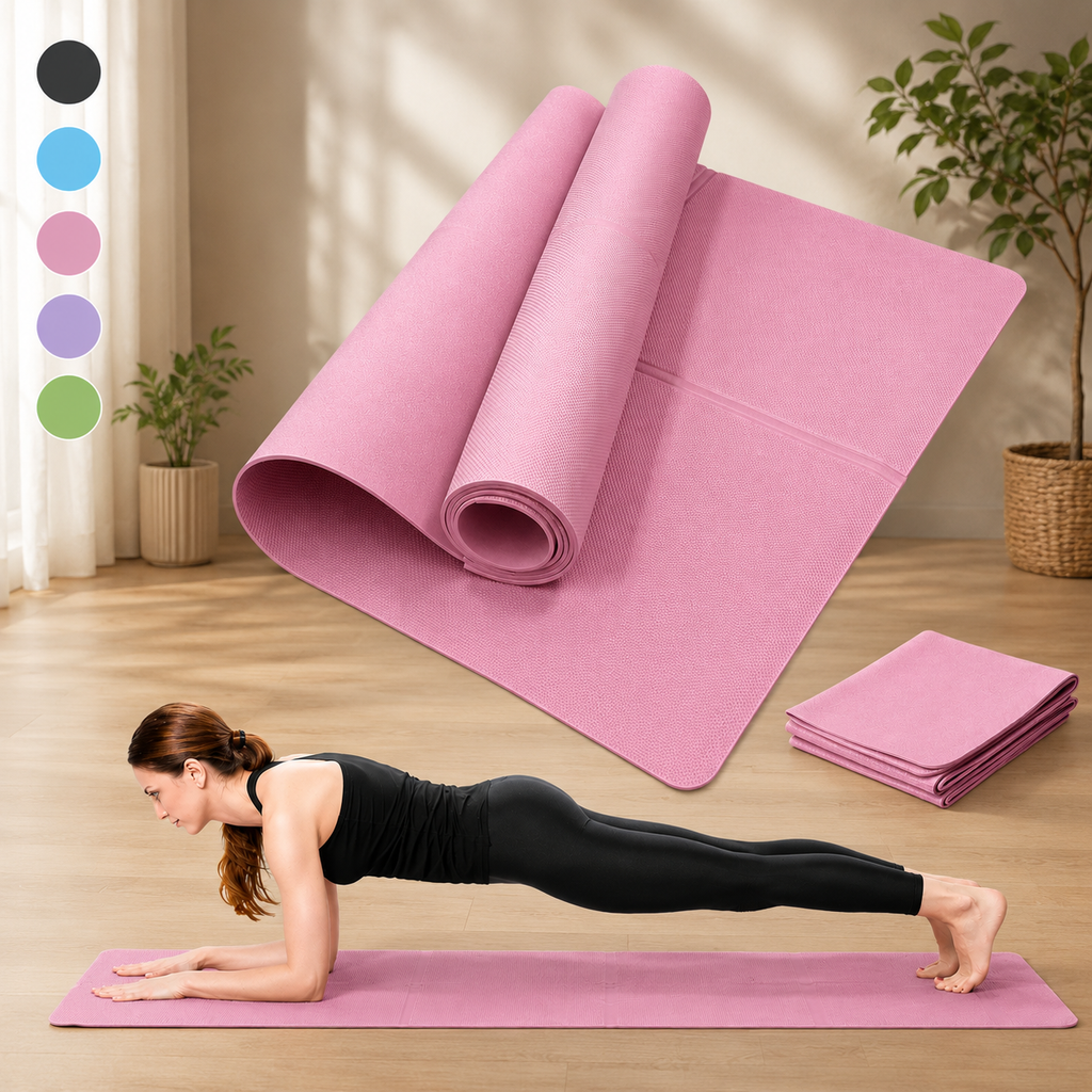 Pink travel yoga mat unfurled with a woman doing a plank pose on it.
