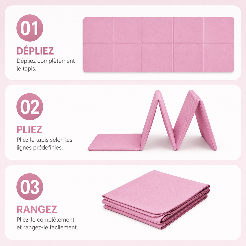 Pink travel yoga mat shown unfolded, folded in half, and fully folded for storage.