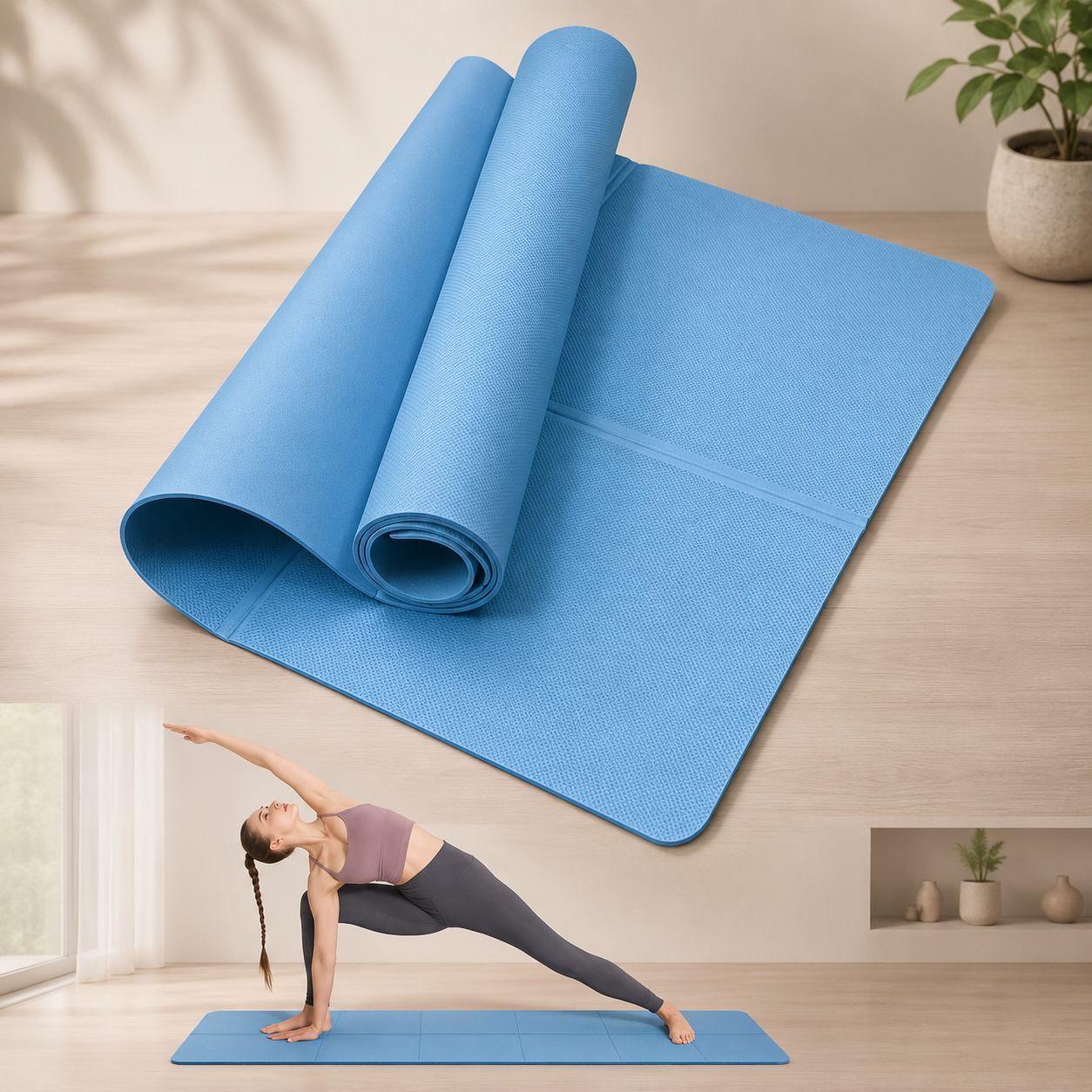 A rolled-up light blue travel yoga mat with textured surface, on a wooden floor.