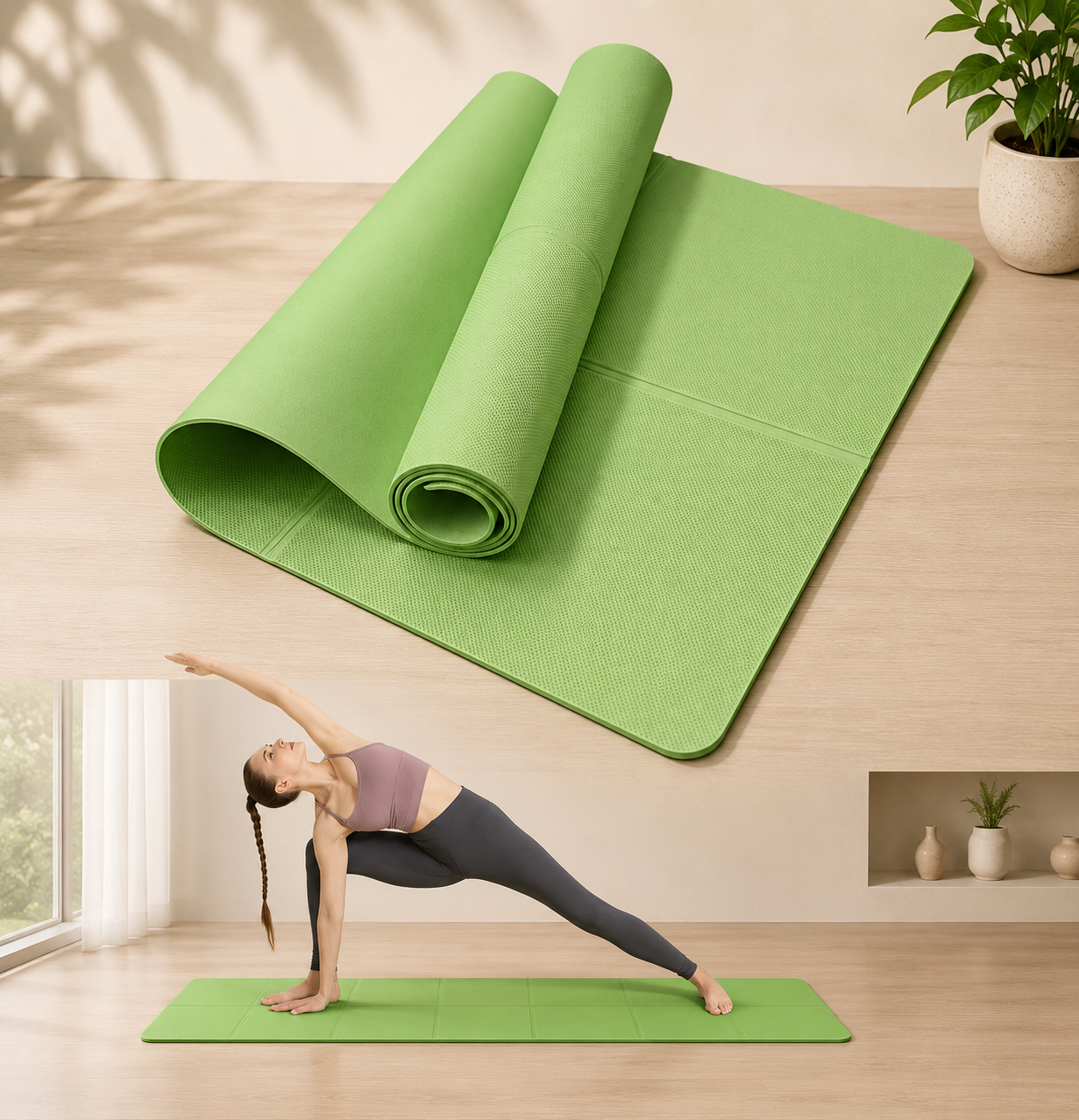 Green yoga mat with a woman in a warrior pose.
