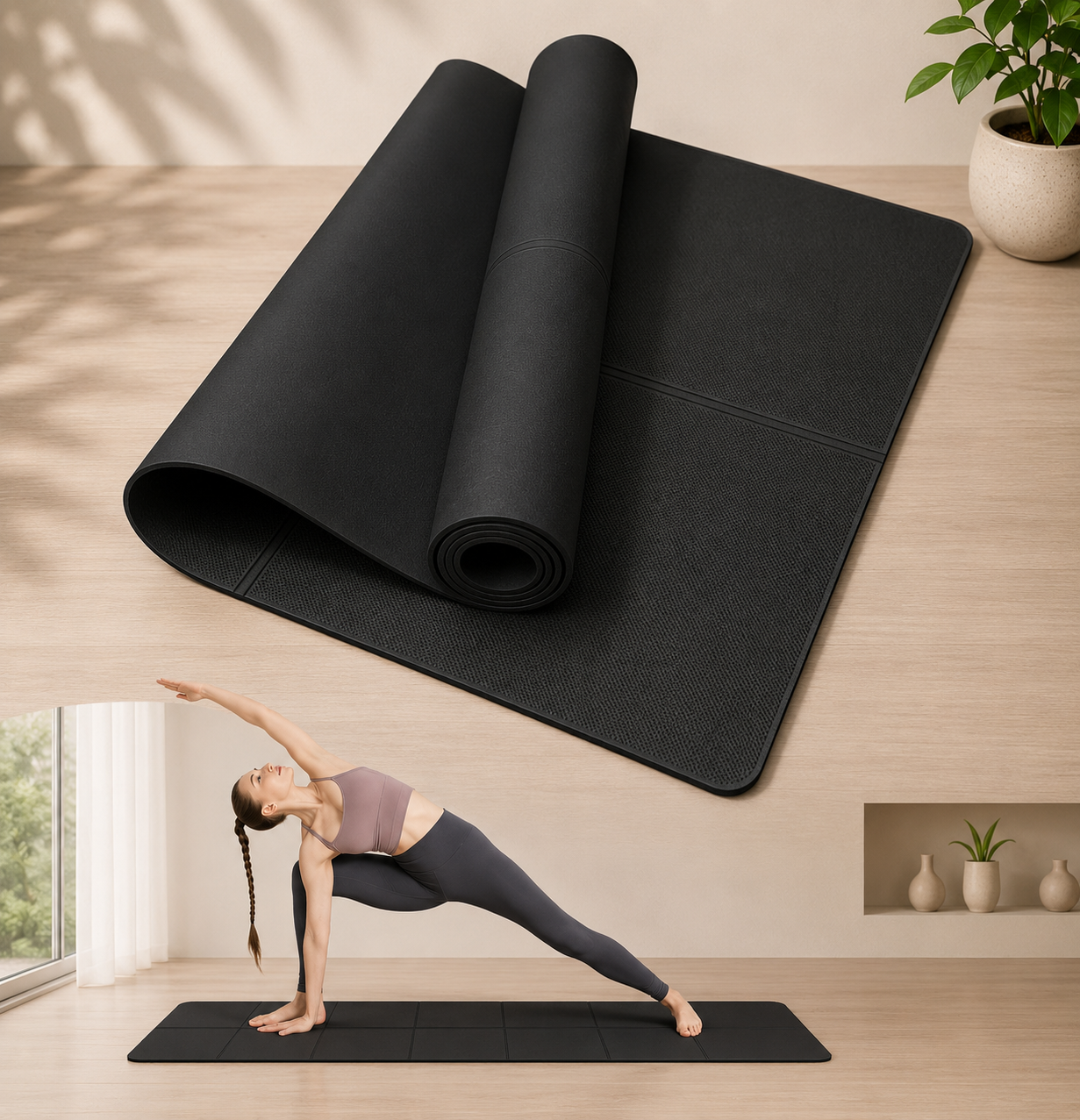 Black yoga mat with a woman in a side-angle pose and a rolled-up mat in the background.