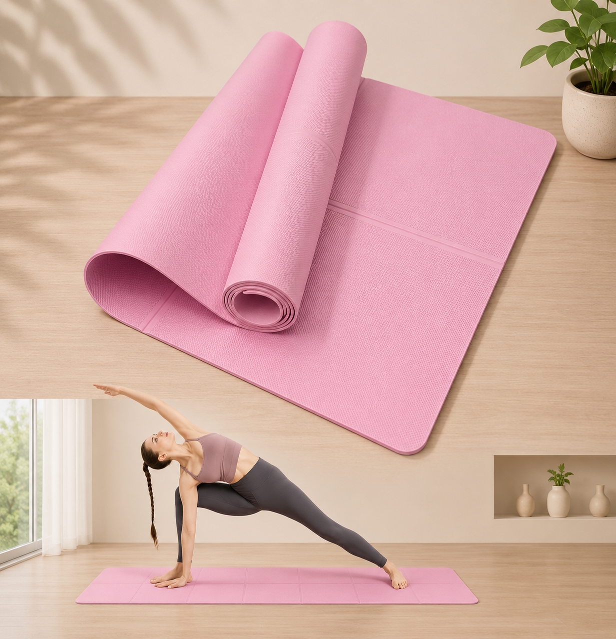 Pink travel yoga mat unrolled on a wooden floor next to a woman in a yoga pose.