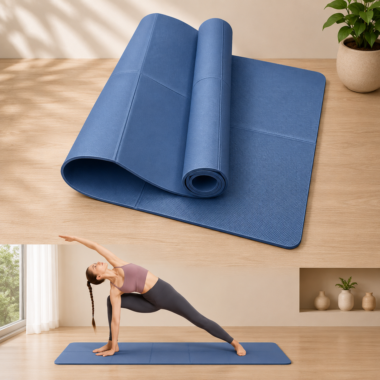 Blue yoga mat unrolled and rolled, with woman in Warrior II pose on a mat.