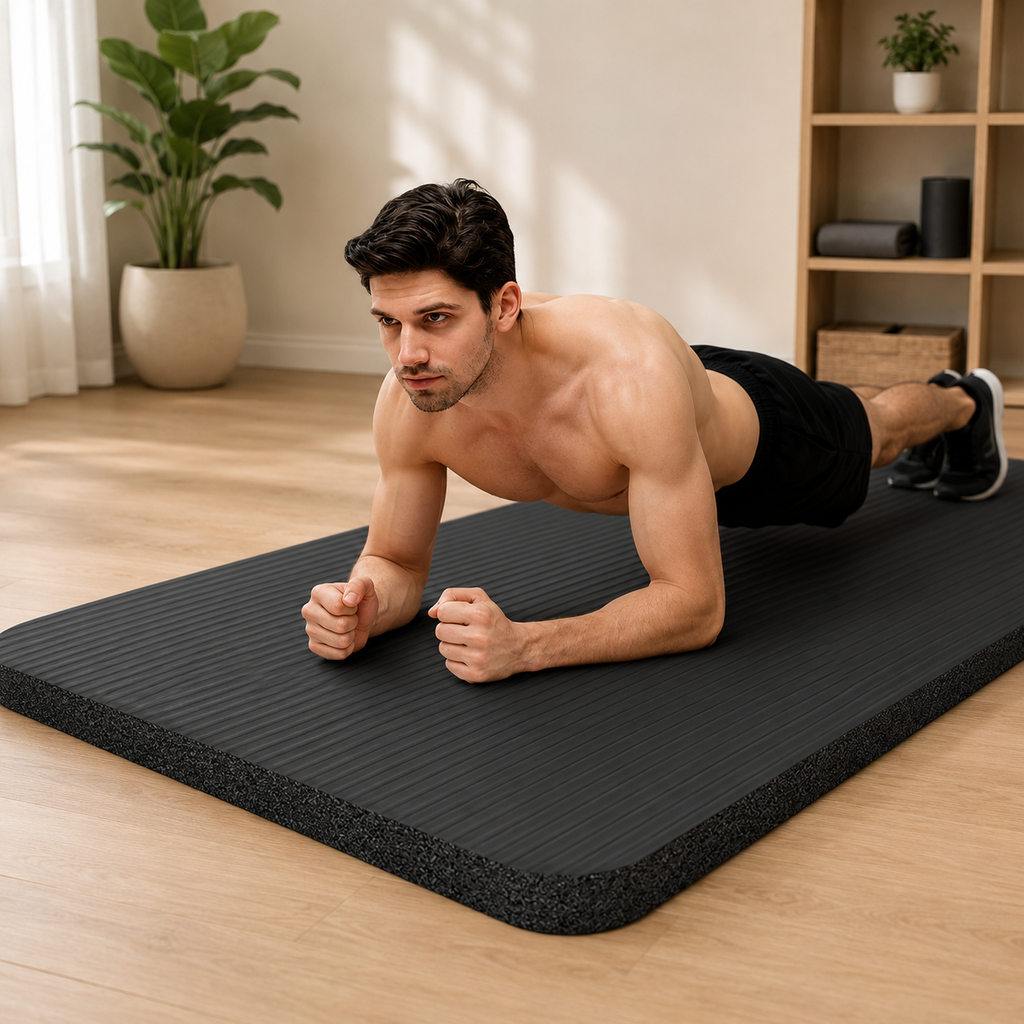 Man performing a plank exercise on a black Tapis de gym fitness mat.
