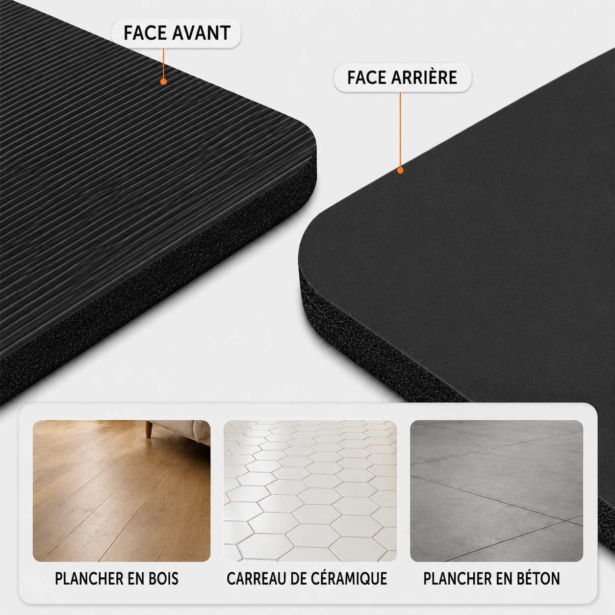 Close-up of black gym mat showing textured front and smooth back, with floor samples.