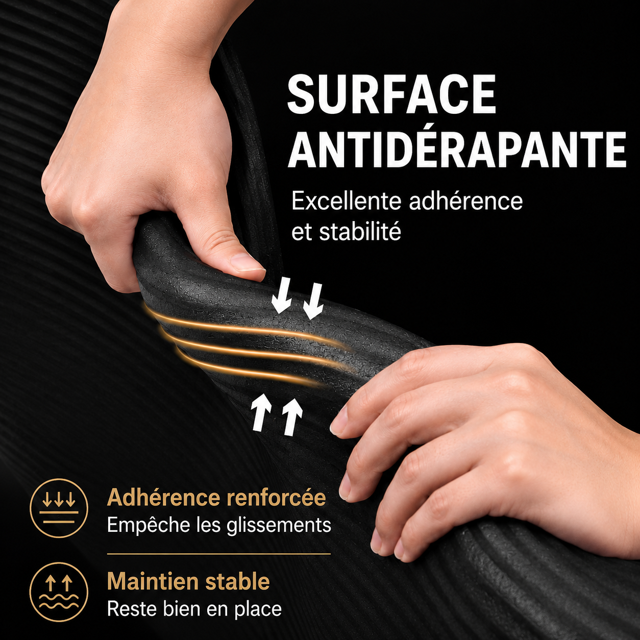 Close-up of a black gym mat showing its non-slip surface and reinforced grip.