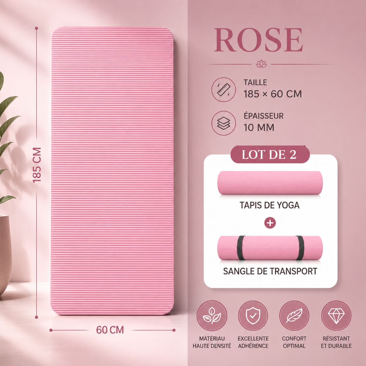 Pink yoga mat, 185 x 60 cm, 10 mm thick, with carrying strap.
