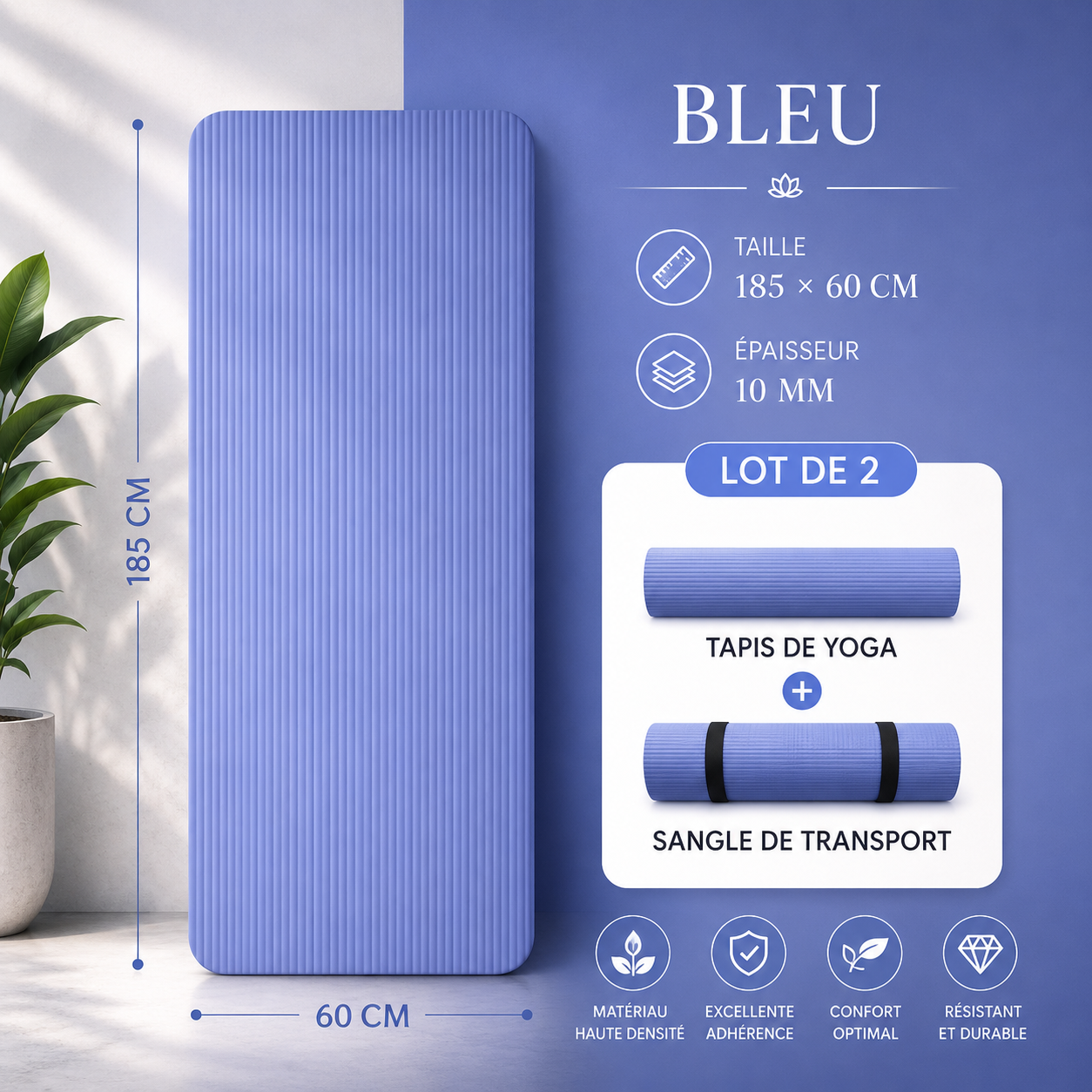 Blue yoga mat with 10mm thickness, measuring 185 x 60 cm, and includes a carrying strap.