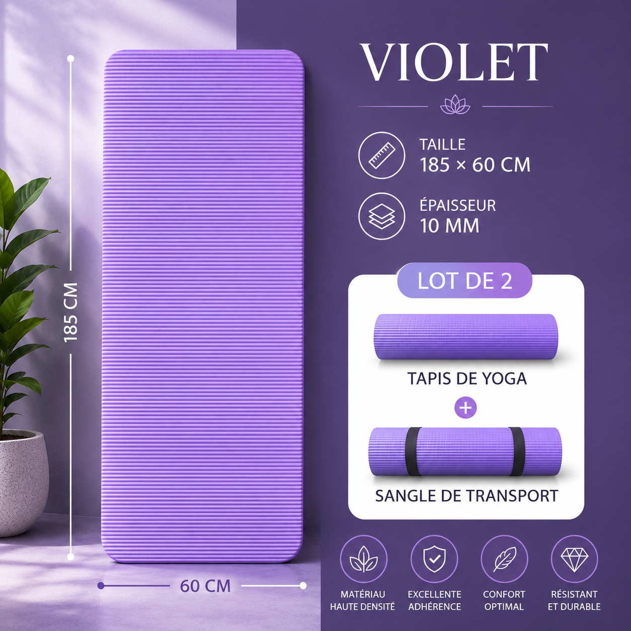 Purple yoga mat, 185 x 60 cm, 10 mm thick, with a carrying strap.