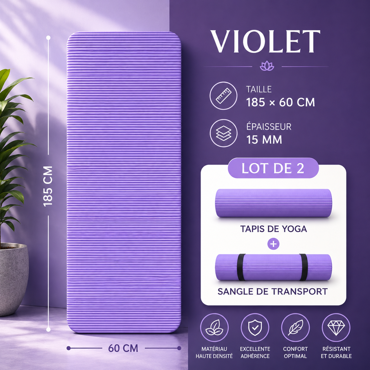 Purple yoga mat, 185 x 60 cm, 15 mm thick, with carrying strap and storage bag.