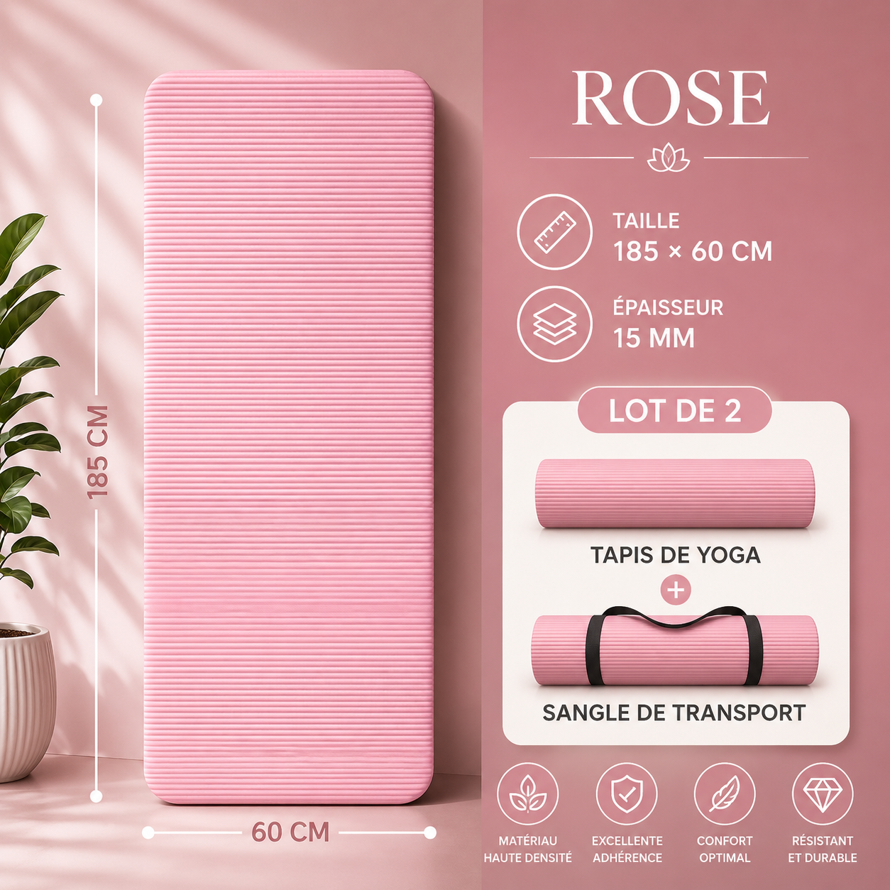 Pink yoga mat, 185 cm x 60 cm, 15 mm thick, with a ribbed surface and a transport strap.