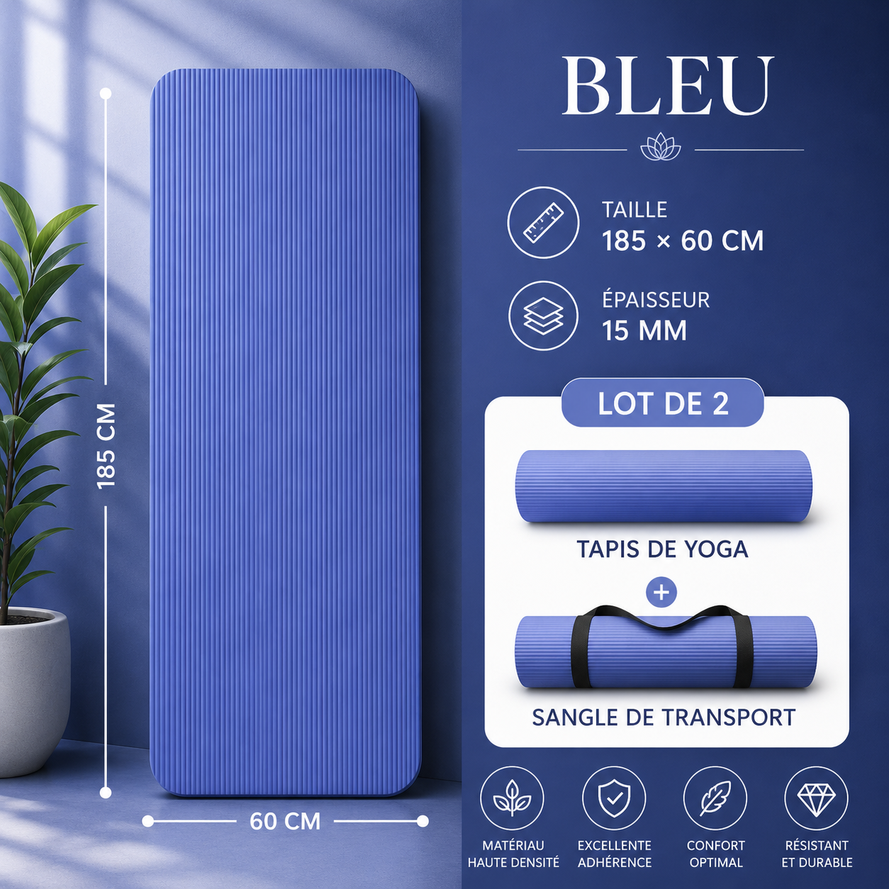 Blue yoga mat, 185 x 60 cm, 15 mm thick, with carrying strap.