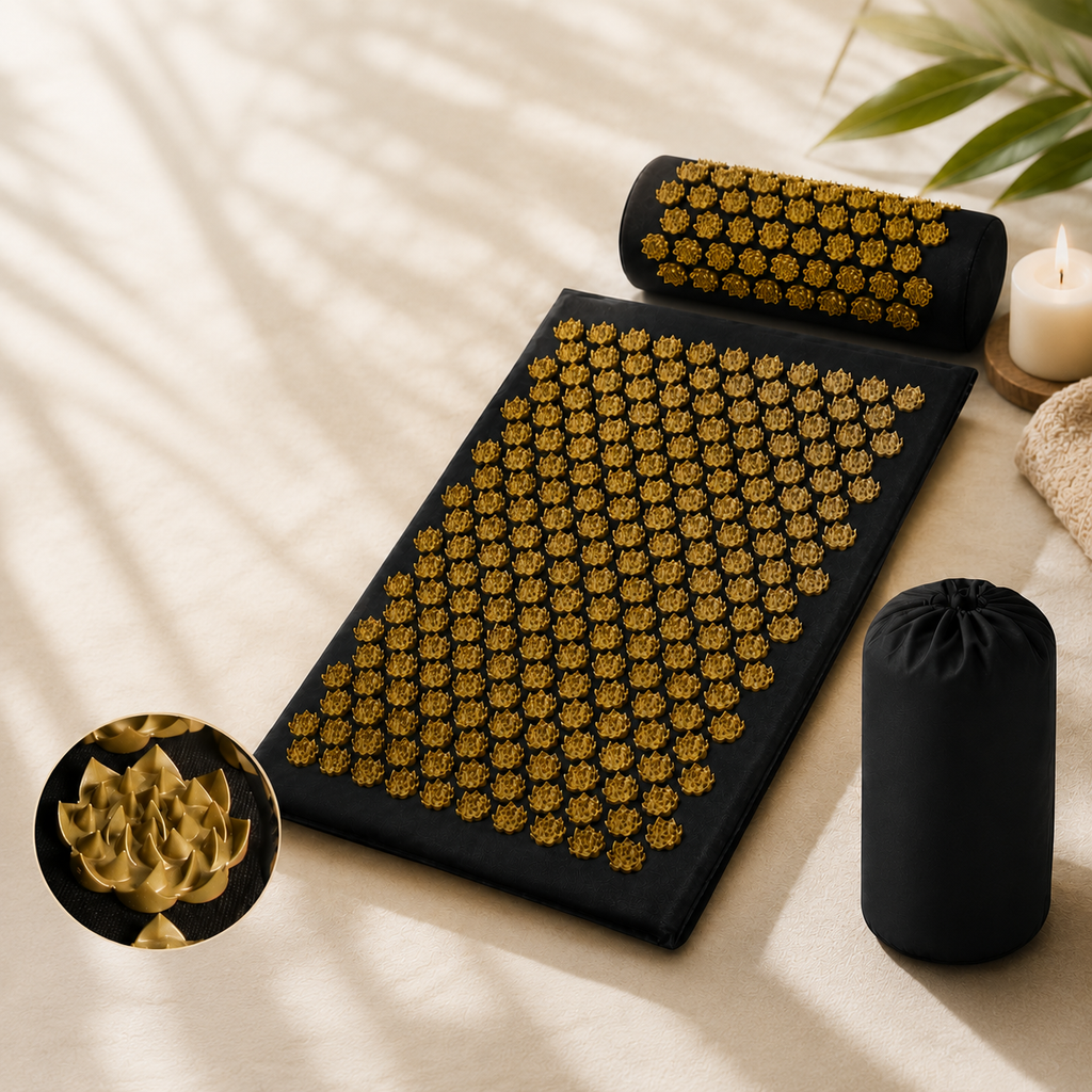 Black acupressure mat and pillow set with gold spikes, includes storage bag.