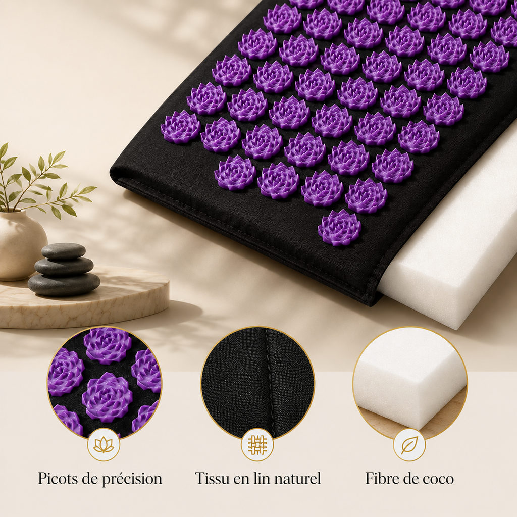 Close-up of a purple acupressure mat with flower-shaped spikes, showing precision spikes, natural linen fabric, and coconut fiber.
