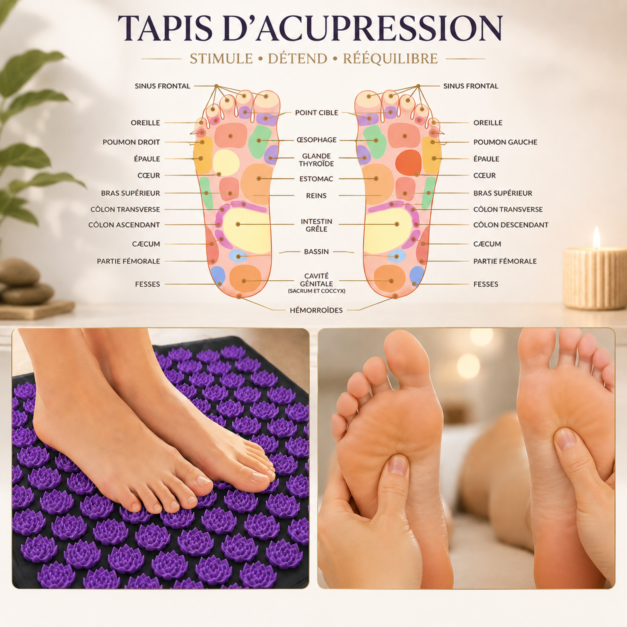Purple acupressure mat with lotus flower spikes, showing feet and reflexology chart.