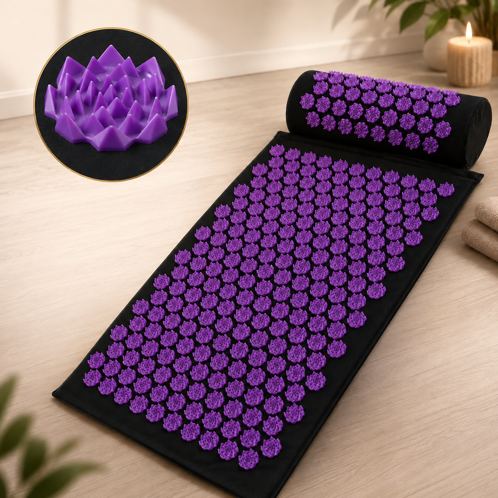 Purple acupressure mat and pillow set with lotus-shaped spikes for relaxation.
