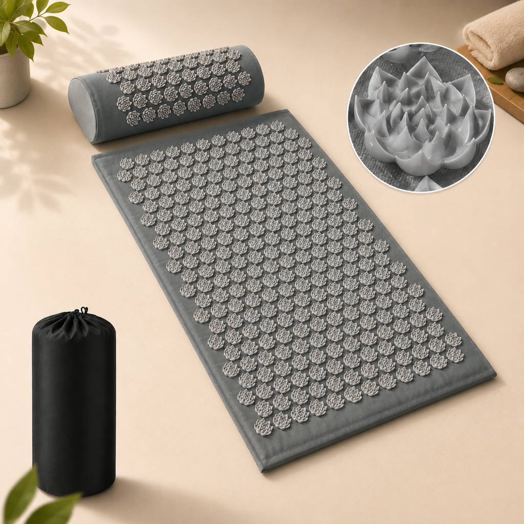 Acupressure mat and pillow set with lotus flower-shaped spikes, grey fabric, and storage bag.
