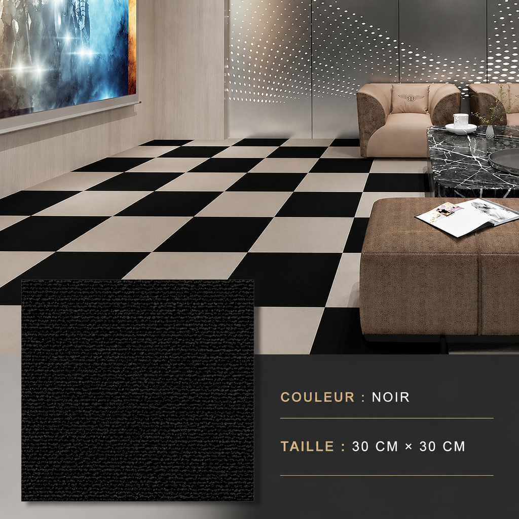 Black carpet tile, 30cm x 30cm, used to create a checkerboard floor pattern in a modern living room.