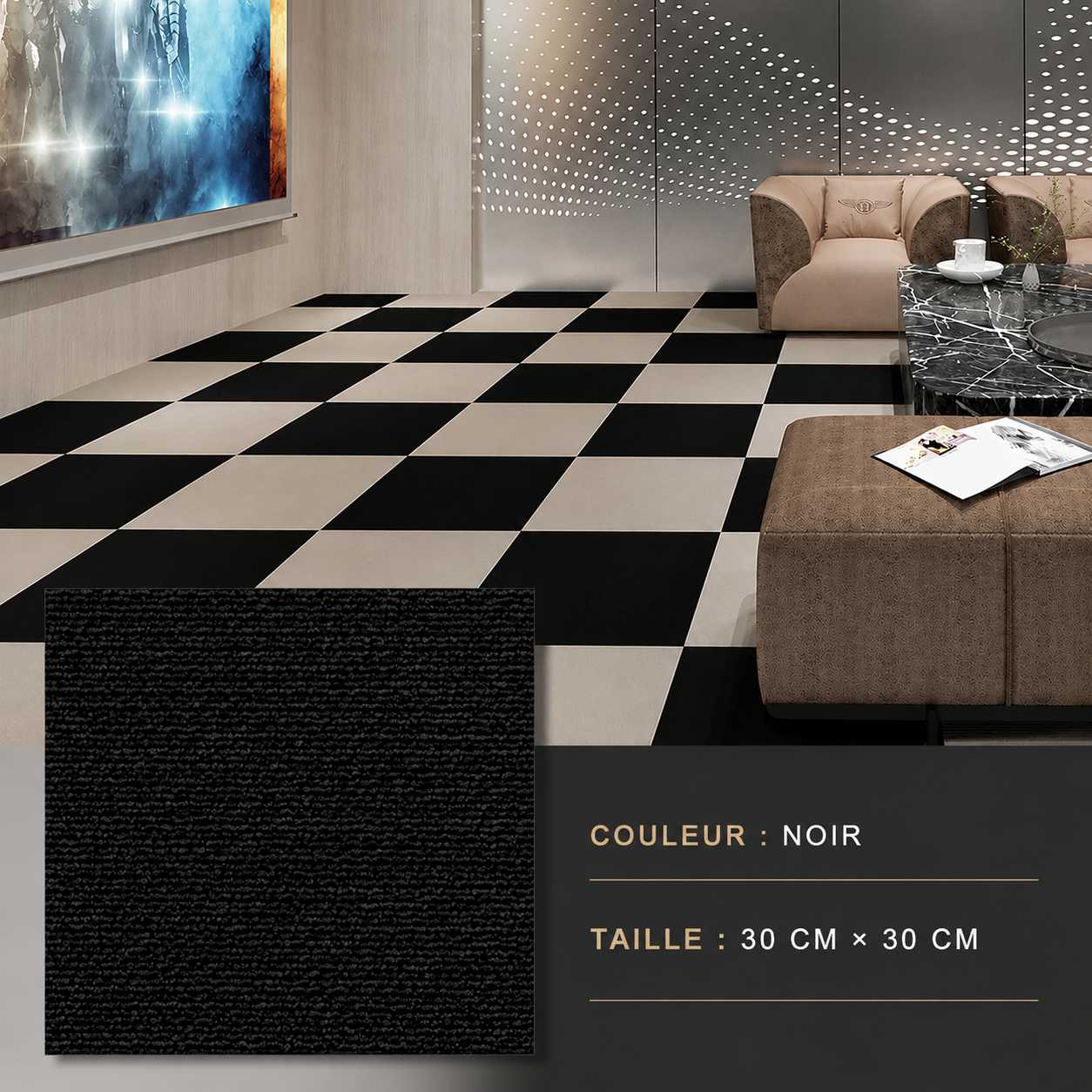 Black carpet tile, 30cm x 30cm, used to create a checkerboard floor pattern in a modern living room.