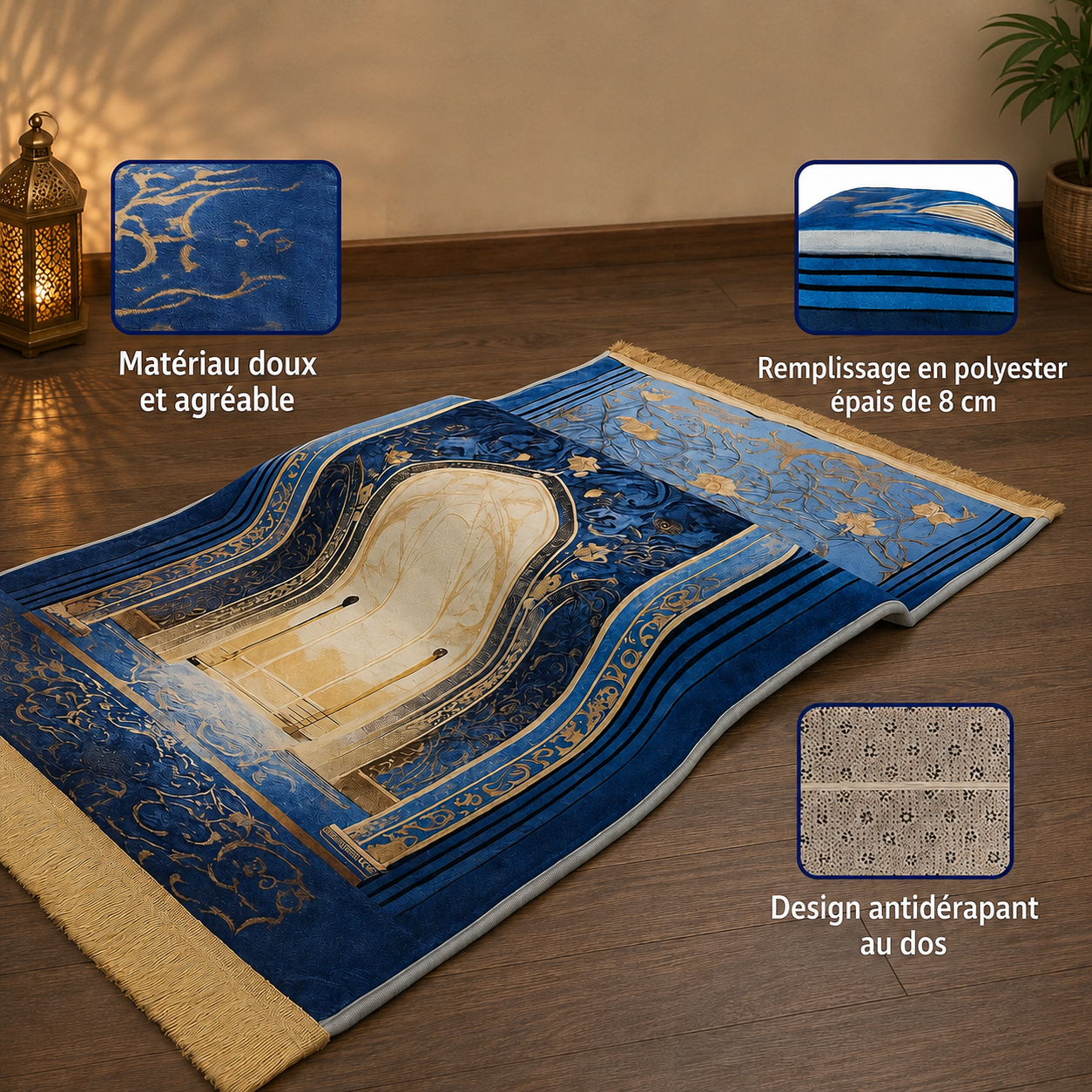 Blue Islamic prayer rug with intricate gold patterns and fringe, featuring soft material and polyester filling.